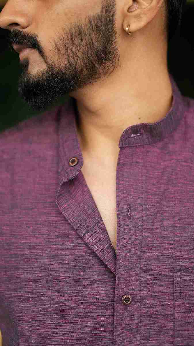 Maroon Mandarin Collar Khadi Shirt