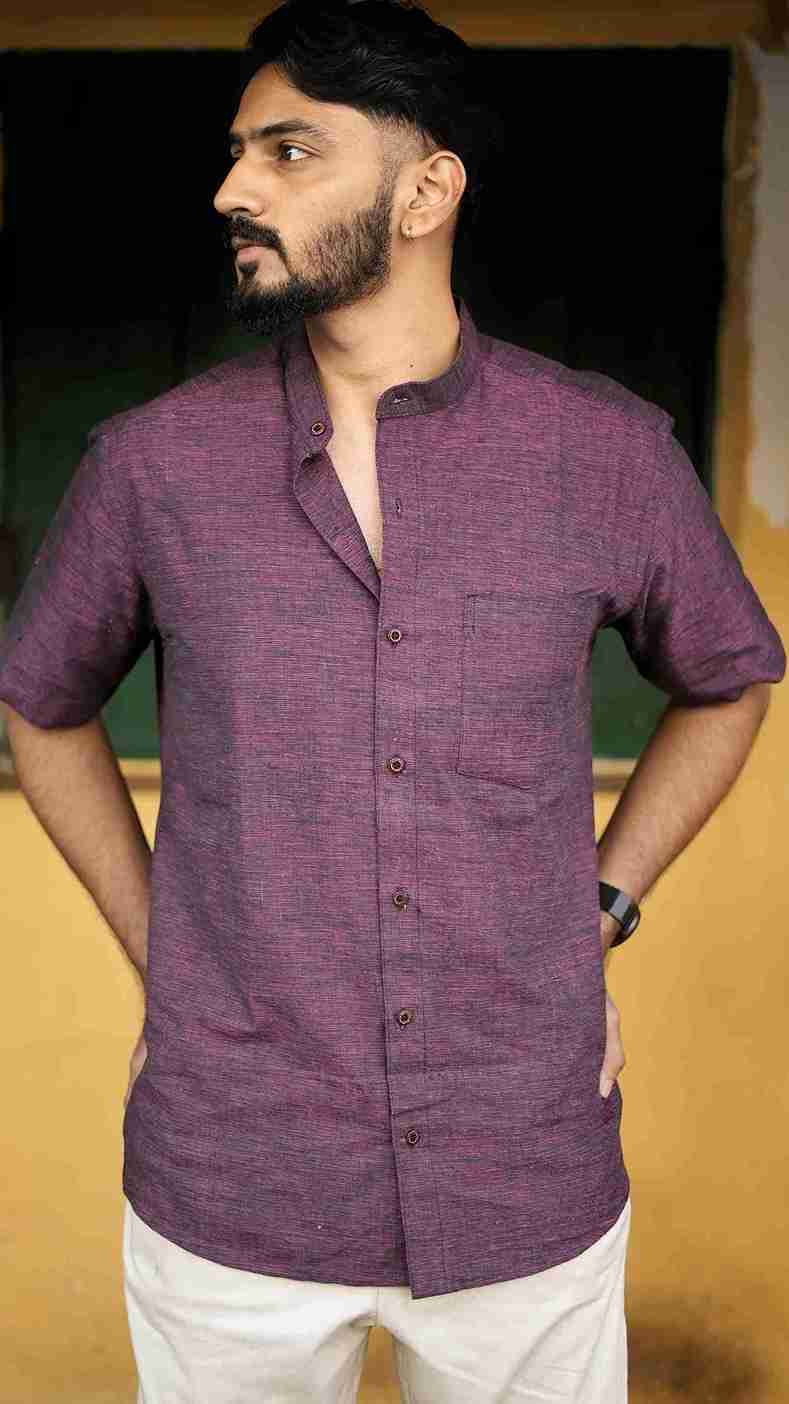 Maroon Mandarin Collar Khadi Shirt
