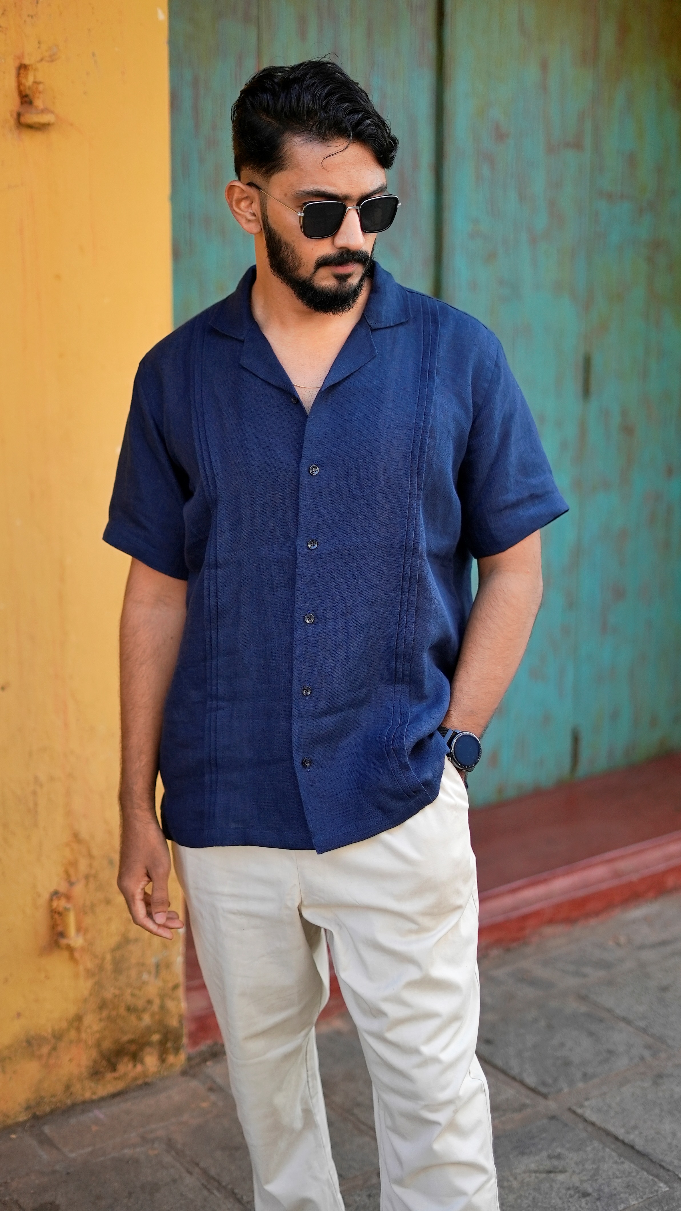 Navy Blue Pin Tuck Linen Resort Shirt