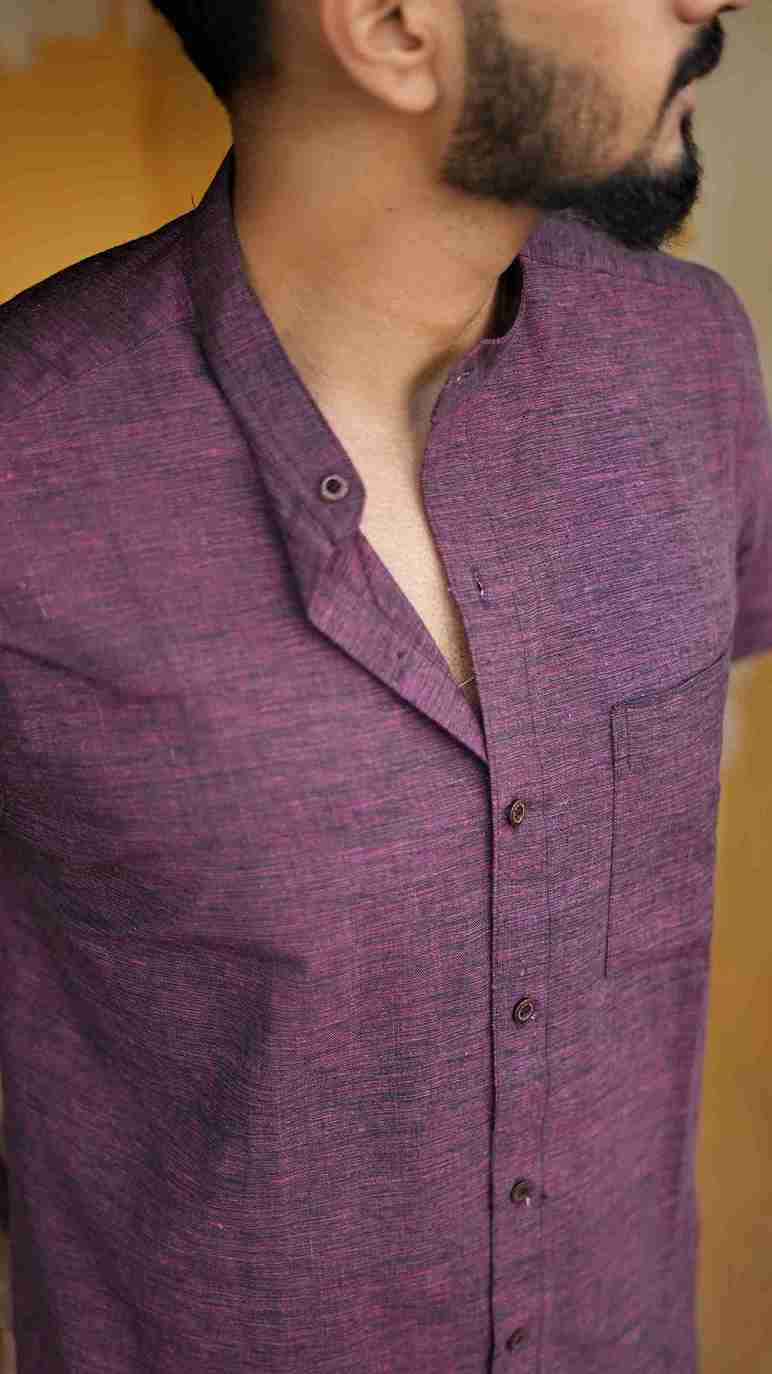 Maroon Mandarin Collar Khadi Shirt