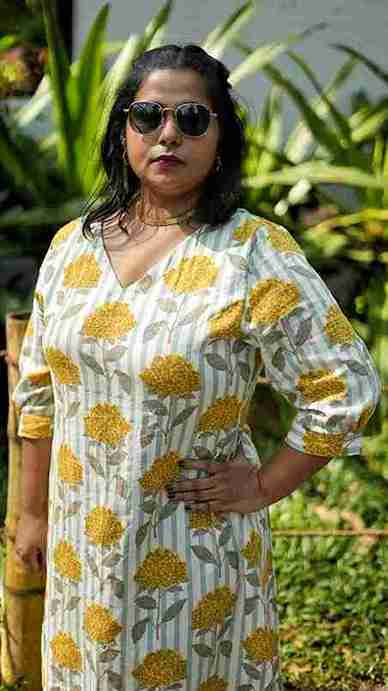 Floral Print Khadi Midi Dress with Side Slits