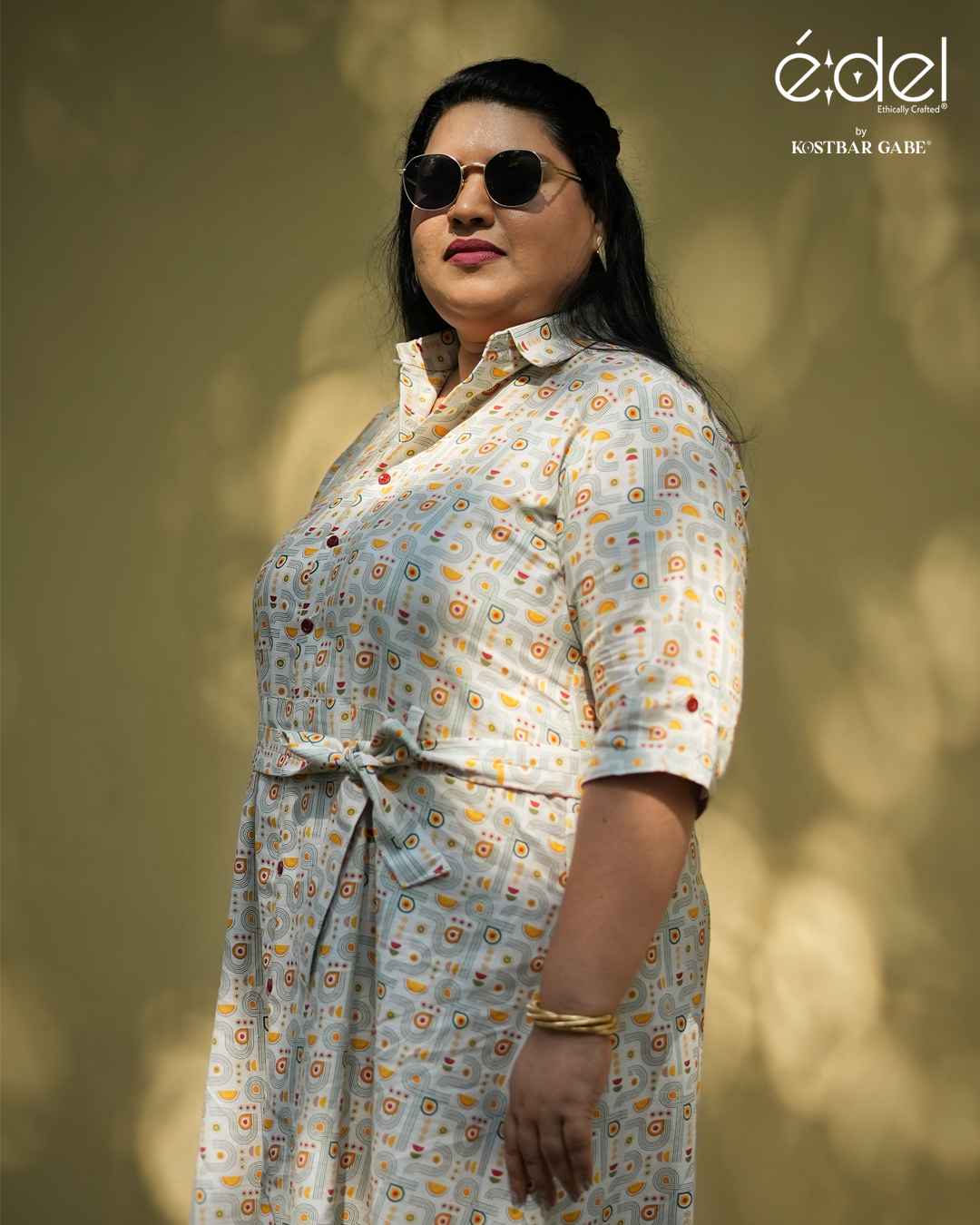 White Printed Belted Khadi Shirt Dress